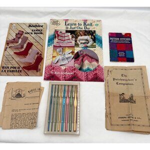 Boye Aluminum Crochet Hook Set Sizes D-K Case & Vintage Knitting Pattern Books
